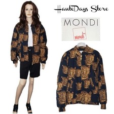 Retro VTG 1980  s 90s MONDI Cheetah Leopard Big Cat Bomber Jacket Black Gold W 10