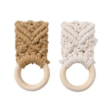 Set of 2 Decorative Wooden Towel Rings with Hand Knitted Cotton Towels Hanger