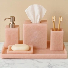 Rose Quartz Bathroom Set – Tissue Box, Soap Dispenser, Brush Holder, Tray Gifts