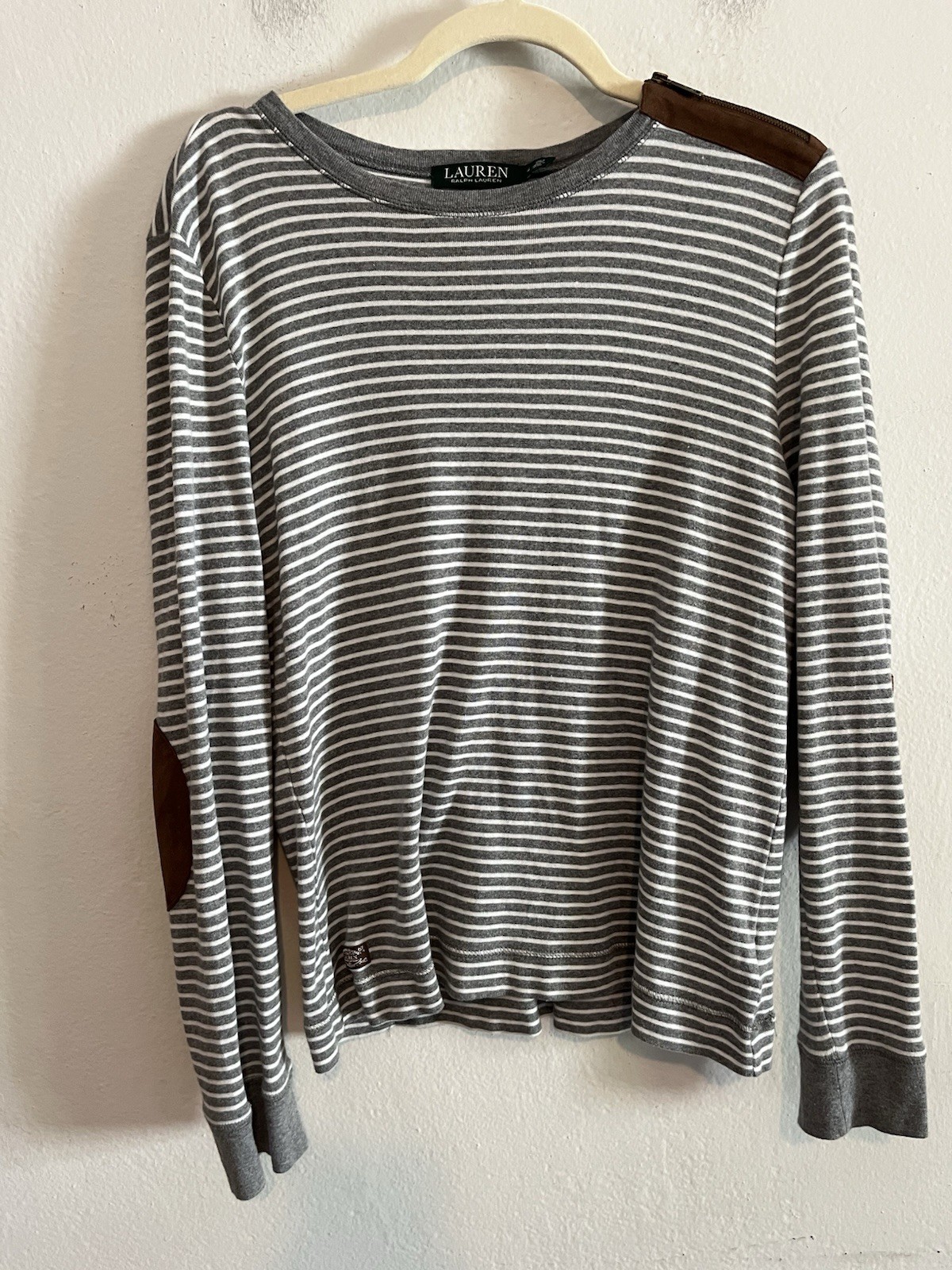 Lauren Ralph Lauren Striped Long Sleeve Size XL Suede Elbow Patches Equestrian