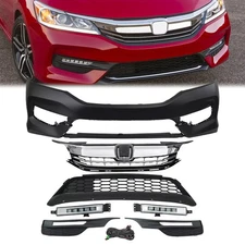 For 2016-2017 Honda Accord Front Bumper Upper Lower Grill & LED Fog Lights Set