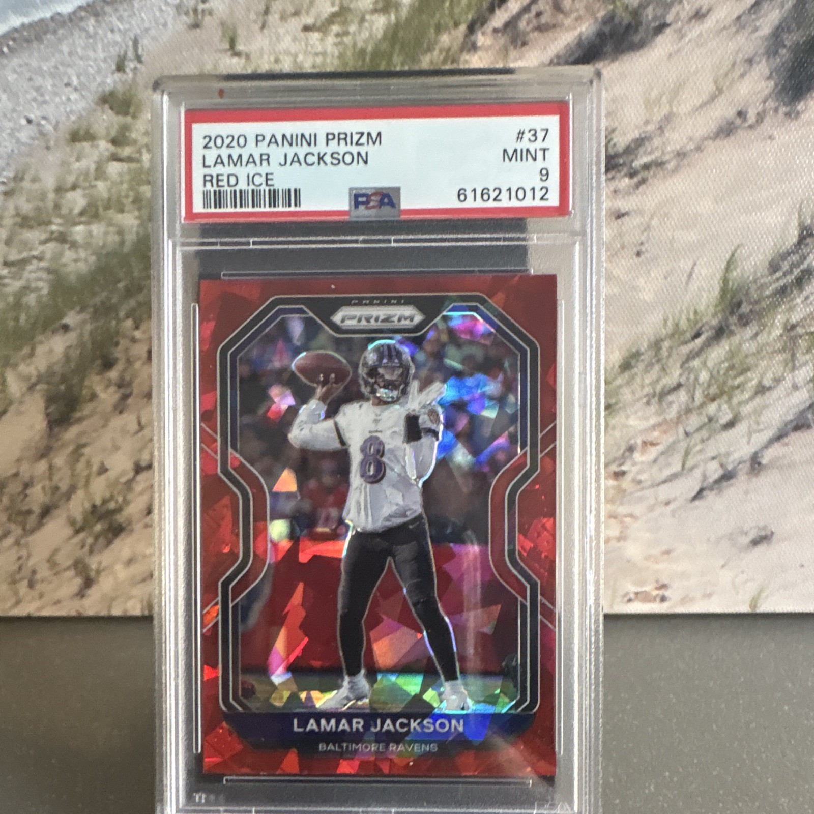 Panini 2020 Prizm Lamar Jackson Red Ice Prizm #37 Baltimore Ravens PSA 9