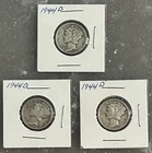 3 1944 D MERCURY DIMES, CIRCULATED, UNGRADED