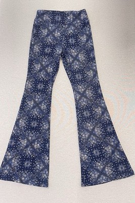 Blue Bandana Paisley Flare Pants Y2K Bell Bottom Stretch High Waist