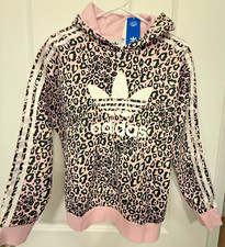 Adidas Youth Pink  White Leopard Print Logo Hoodie Sweatshirt Size L Girls New