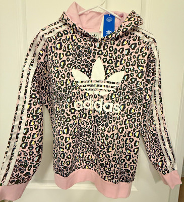 Adidas Youth Pink & White Leopard Print Logo Hoodie Sweatshirt Size L Girls New