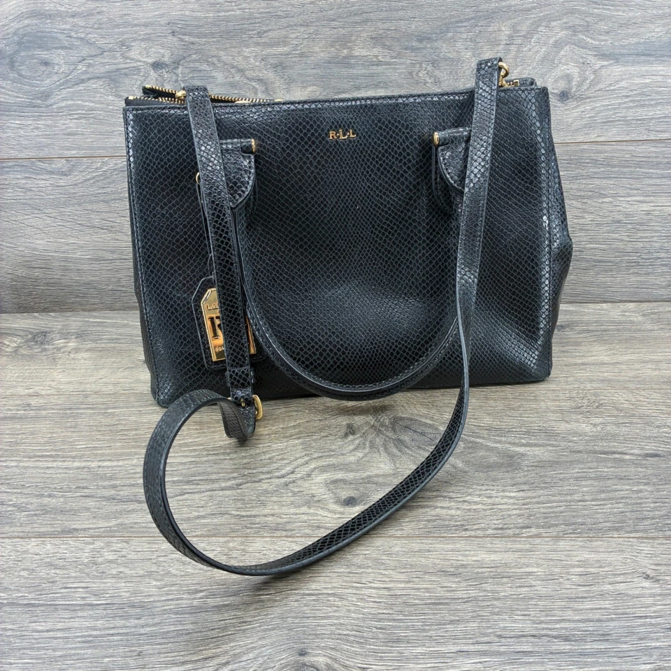 Lauren Ralph Lauren Satchel Crossbody Black Snakeskin Embossed Leather Handbag - Image 2 of 4
