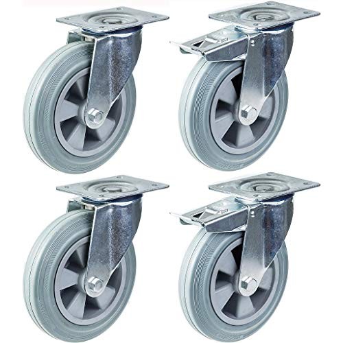 200mm 8"" castor grey rubber tyre swivel & brake strong 820kg capacity, set of 4