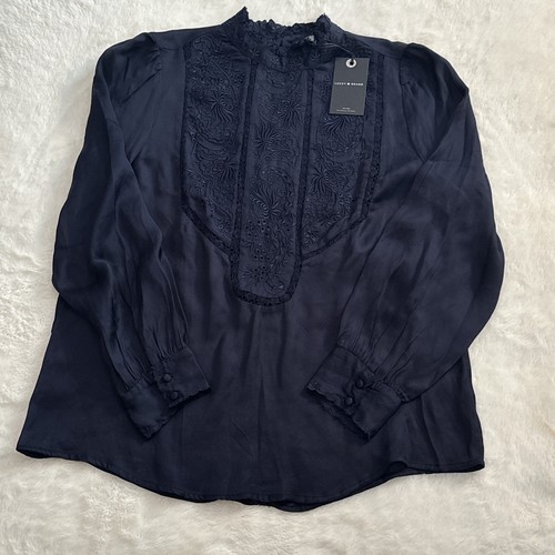 Lucky Brand Women's Navy Solid Florence Embroidered Blouse Top Size Medium - Picture 1 of 11