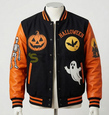 Halloween Varsity Jacket Mens Womens Wool Letterman Genuine Leather Sleeves