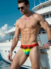 New Men's Sexy Colorful Palm Low Rise Bikini Swim Brief w/Contoured Pouch -Gay