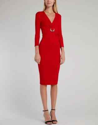 Roberto Cavalli Surplice Midi Dress Size 46 M Viscose Knit Embellished Red