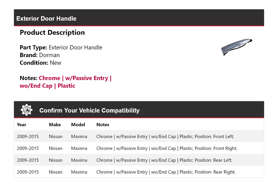 Manija de puerta exterior para Nissan Máxima Dorman 2009-2015 2010 2011 2012 2013 2014 Foto 2 de 4