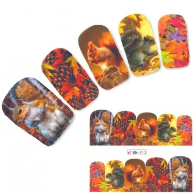 JUSTFOX Tattoo Nail Herbst Eichhörnchen Tannenzapfen Bunte Blätter Aufkleber Nagel Stick