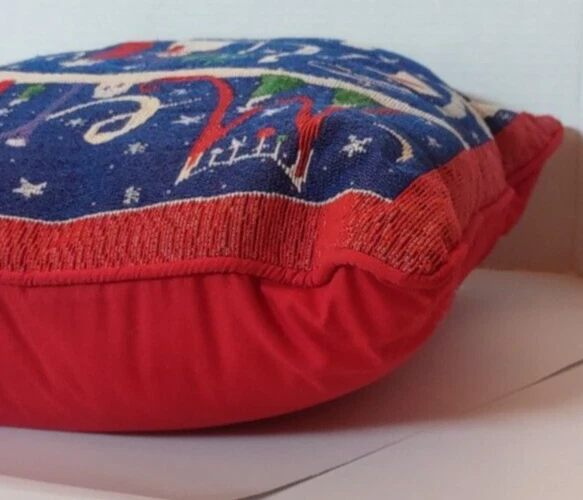 Vtg Merry Christmas Throw Pillow Decorative Tapestry Snowman, Santa, Deer - Image 2 of 4