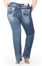 Grace in LA Women Plus Bootcut Jeans Mid Rise Stretch Silver Stitch Faux Flap
