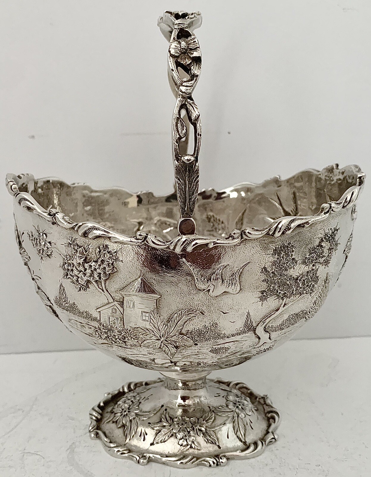 S KIRK STERLING ARCHITECTURAL LANDSCAPE CASTLE REPOUSSE SUGAR BASKET 1896-1924