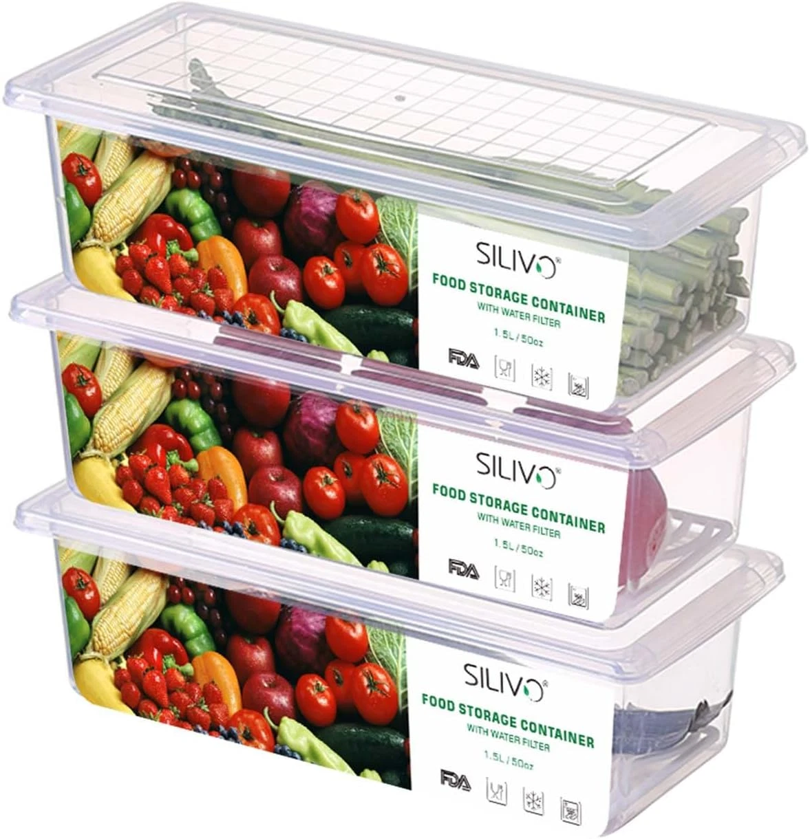 3-Pack 1.5L Fruit Storage Containers with Removable Drain Tray for Refrigerator