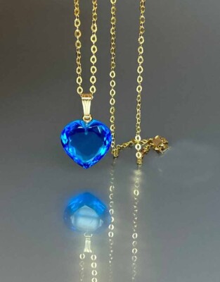 14k Gold Blue Topaz Gemstone Handmade 925 Sterling Silver Jewelry Heart Pendant