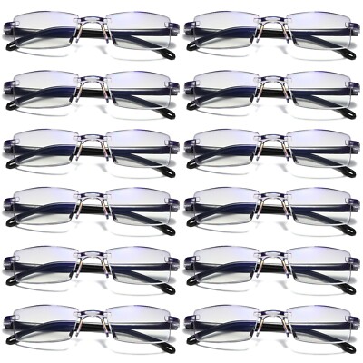12PK Mens Rectangular Rimless Blue Light Blocking Reading Glasses Unisex Readers