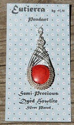 Eutierra Semi-Precious Red Howlite Pendant Hand Crafted USA Silver Plated 2 1/2''