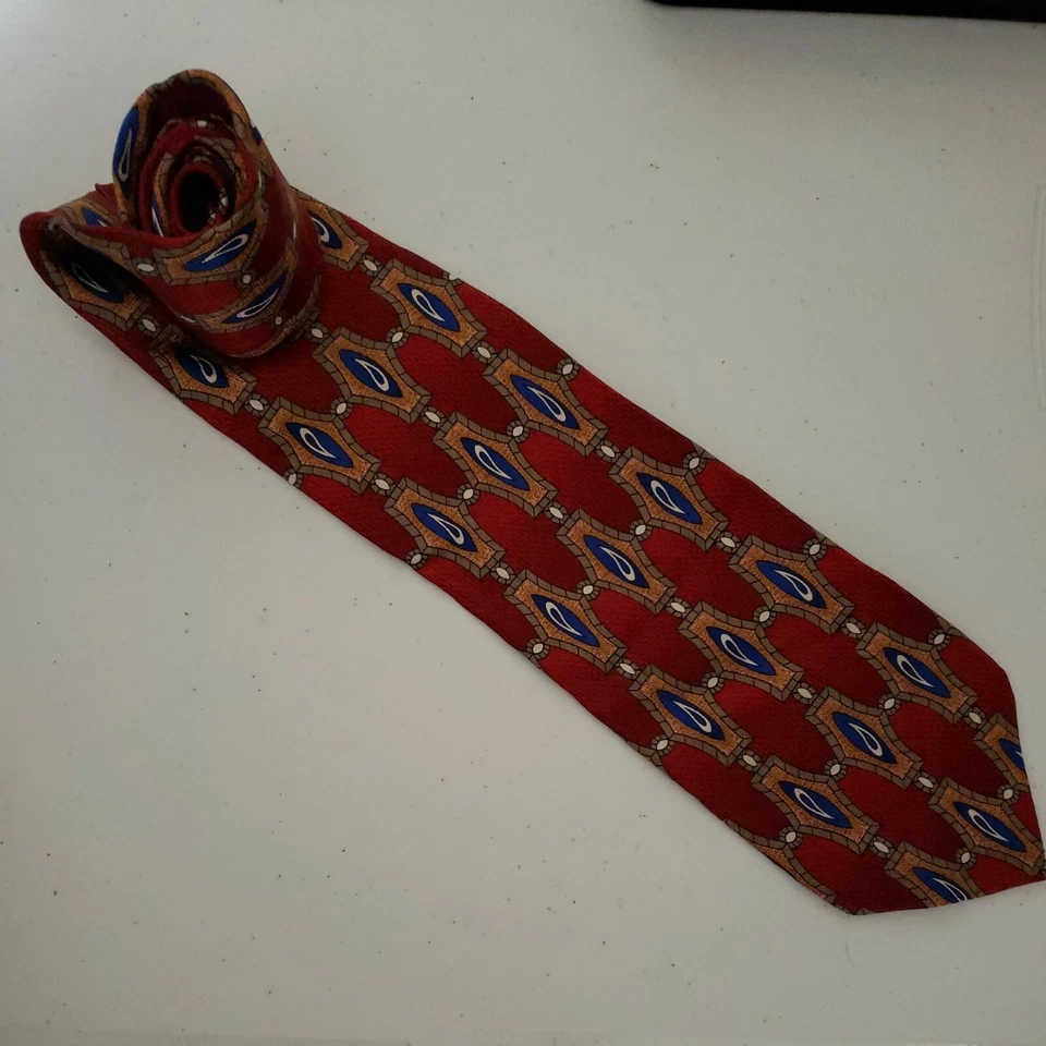 Corbata de cuello Giovanni New York Designer para hombre roja dorada azul seda hecha en EE. UU. Carrera Foto 2 de 4