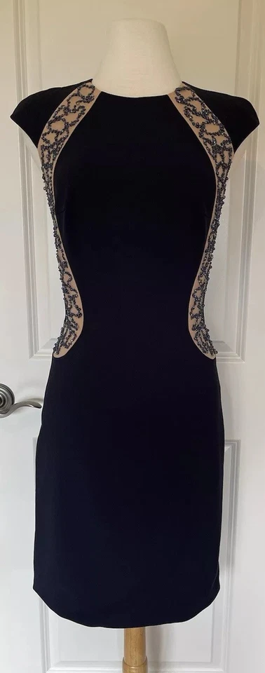 Платье-футляр Terani Couture темно-синее/обнаженное с бисером размер-10 ~ стильное и элегантное - Изображение 2 из 4