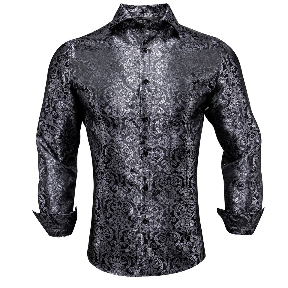 Mens Dress Silk Shirt Long Sleeve Black Blue Paisley Floral Casual