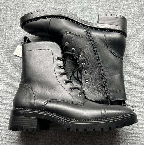 ZARA Leather Ankle Boots Low Heeled Lug Sole Black Side Zip Womens 41 10 New