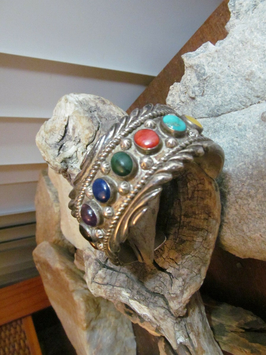 Vtg ALEX PLATERO Sterling Silver Navajo Multi Stone Large Cuff