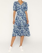 EX OASIS LADIES DITSY FLORAL PRINT WRAPOVER MIDI DRESS BLUE NEW (ref 178) SALE