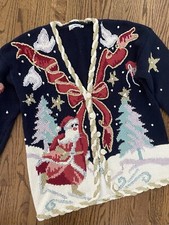 Vtg Over The Top Crazy Busy Ugly Christmas Santa Sweater With Doves Bows M L