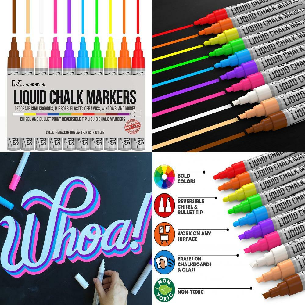 Kassa Liquid Chalk Markers for Blackboards (10 Neon Colors) 6mm Tip