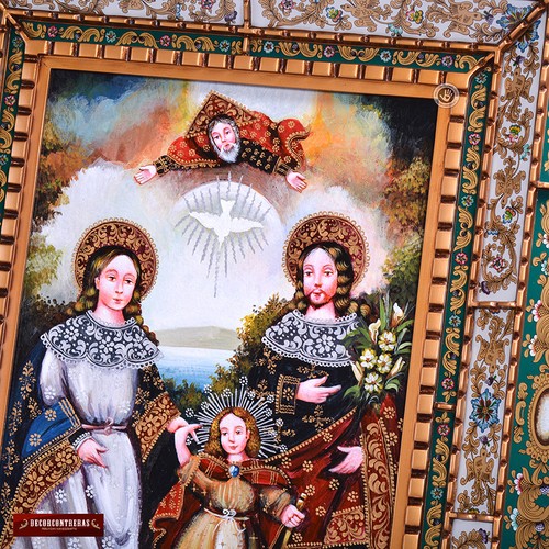 Heilige Familie, Replik Gemälde auf Holz aus Peru, handbemalte Kunst Glasrahmen - Bild 10 von 10