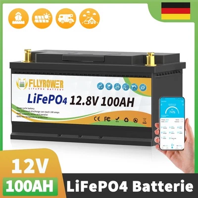 FLLYROWER 100Ah 12V Lithium Batterie LiFePO4 Akku 100ABMS Bluetooth Solarbatterie Solar RV