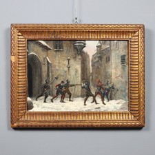 Tableau Ancien Scène de Combat Huile sur Panneau '800 Original