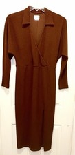 Saylor Ribbed Knit Midi Dress Wrap Front M Rust Collar Long Sleeve Slit No Belt