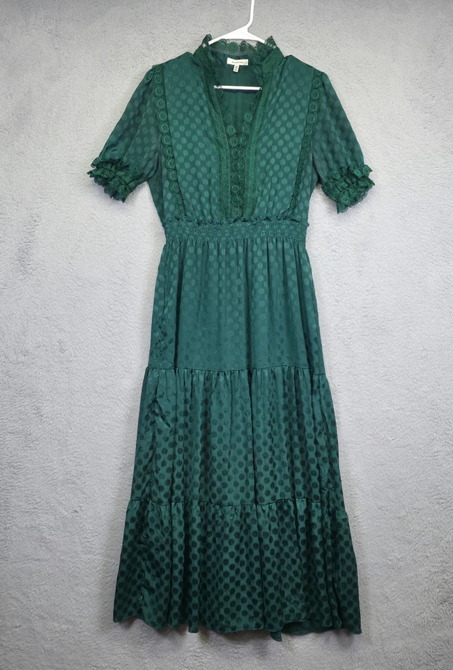 Max Studio Maxi Dress Women M Green Polka Dot Floral Lace Tiered Prairie Elegant - Image 2 of 4
