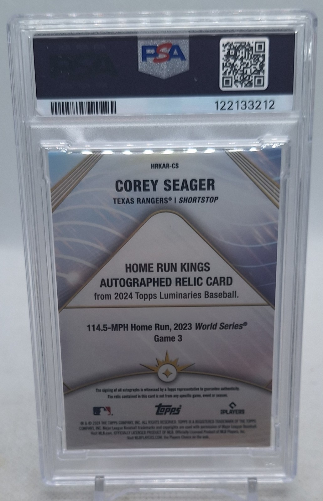 COREY SEAGER 2024 TOPPS LUMINARIES HR KINGS SHOT RELIC #01/25 ON CARD AUTO PSA 9 view 2