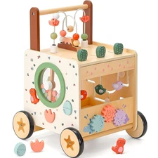 PairPear Wooden Baby Walker 6-in-1 Dinosaur Push Cart Toddler Activity Center