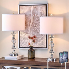 Modern 25.5" Crystal Table Lamps Set of 2 with USB Charging  Dimmable Shade