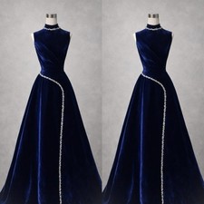 Velvet Prom Dresses Navy Sleeveless Elegant Beading A Line Dinner Evening Dress