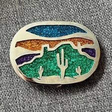Belt buckle silver turquoise Southwest Scene Glitter