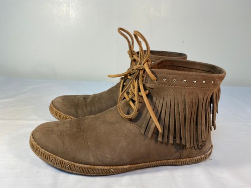 UGG Alexia Moccasin ankle Boots Women's Brown Leather Fringe Studded - US 8 - Picture 2 of 6