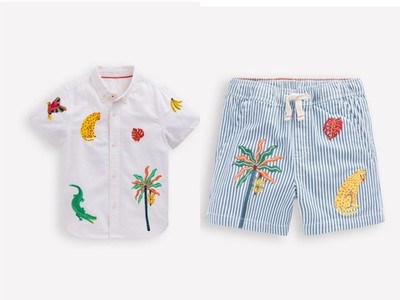 BODEN Cotton Fun Shirt + Pull-On Shorts in Campanula Embroidery - Boys 5-6 Years