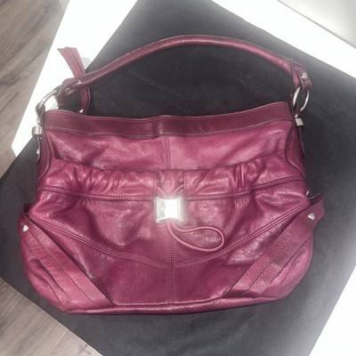 B. MAKOWSKY Women s LEATHER Shoulder Bag TOTE Ruched Drawstring Silver Hardware