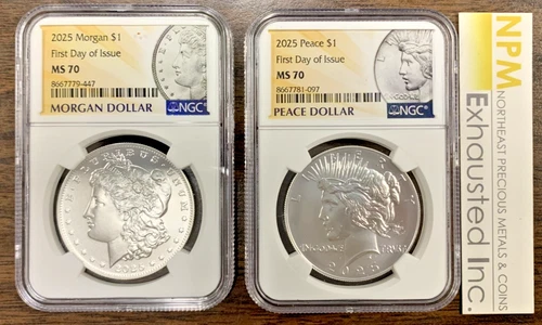 2025-P MS70 Morgan & Peace Silver Dollar (2 Coin) First Day Of Issue FDOI NGC