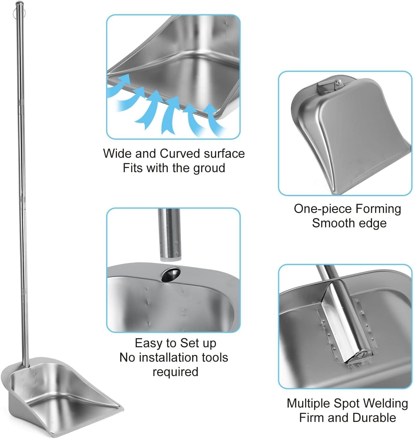 Heavy Duty Dustpan with Long Handle 43 Stainless Steel Dust Pan Standing Upri