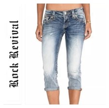 Rock Revival Vicky Capri Crop Jeans Sz 30 Stretch Flap Pocket Medium Light Wash