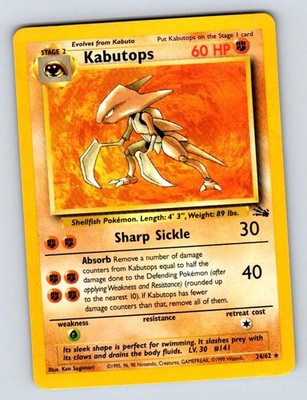Kabutops 24/62 Rare Fossil Pokemon Unlimited Damaged